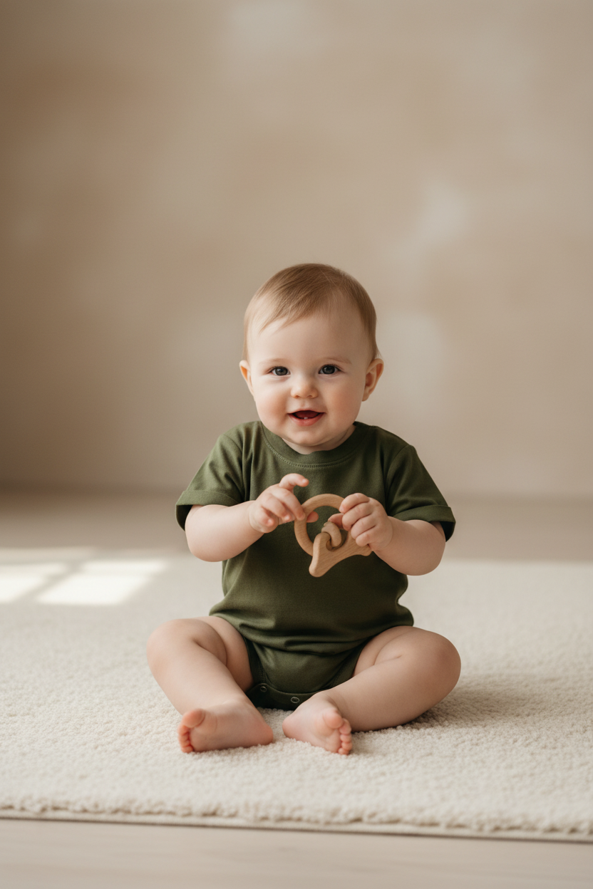 Baby wearing organic olive green romper by Casita Bebes, certified organic baby clothing.