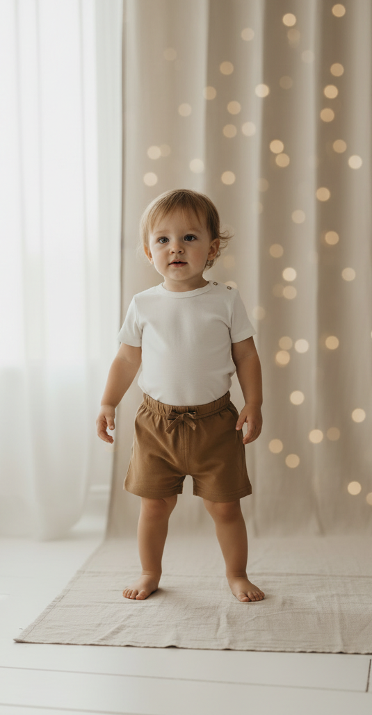 Toddler wearing a white shirt and brown shorts standing in front of a softly lit curtain.
