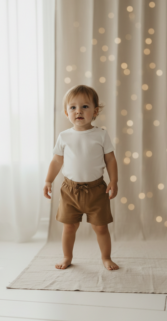Toddler wearing a white shirt and brown shorts standing in front of a softly lit curtain.