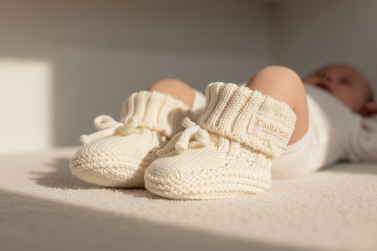 White baby booties on a surface with a baby lying in the background