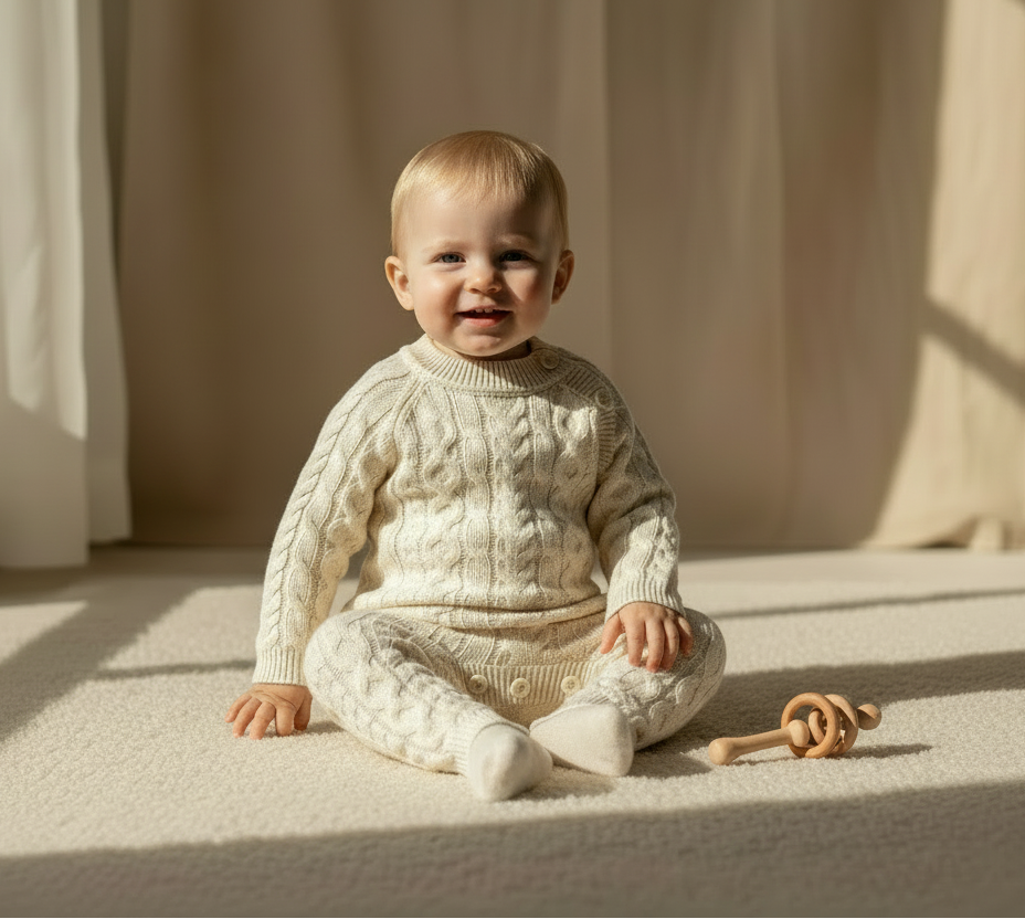 Baby in a casita bebes essentials cream cable knit outfit sitting on a soft surface with a wooden toy.