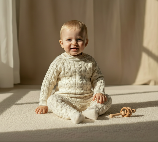 Baby in a casita bebes essentials cream cable knit outfit sitting on a soft surface with a wooden toy.