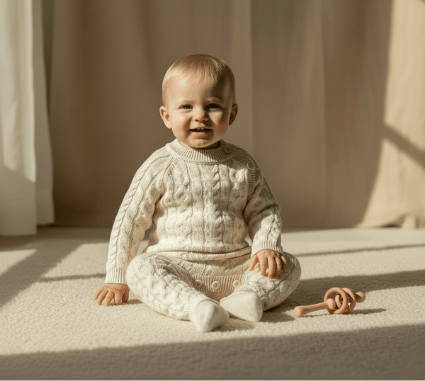 Baby in cozy organic knit outfit with wooden rattle, soft natural lighting