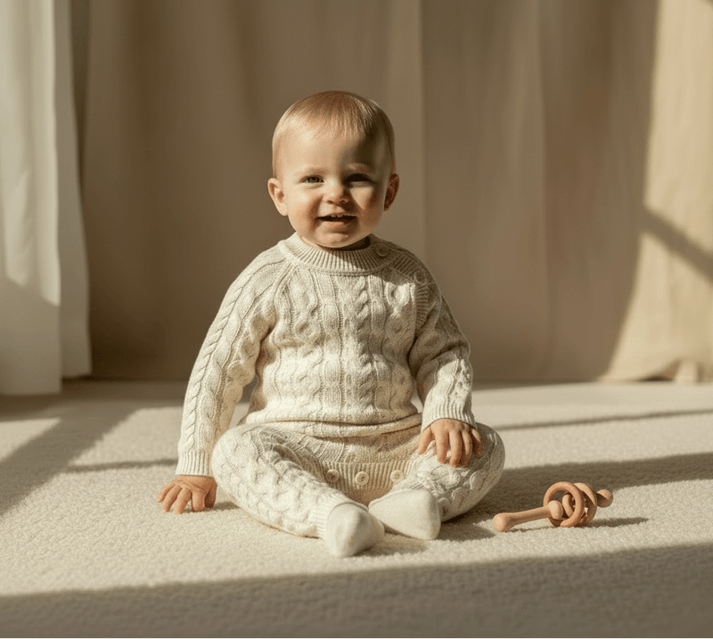 Baby in cozy organic knit outfit with wooden rattle, soft natural lighting