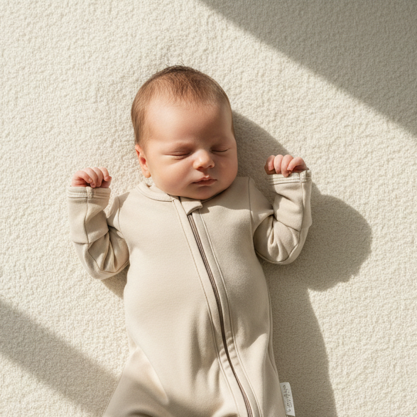 Newborn Baby in a dusty grey onesie lying on a textured surface with sunlight casting shadows.