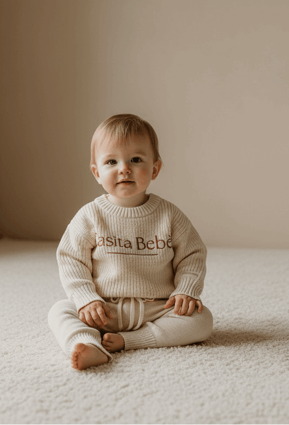 Baby in organic knit sweater and pants, cozy home setting