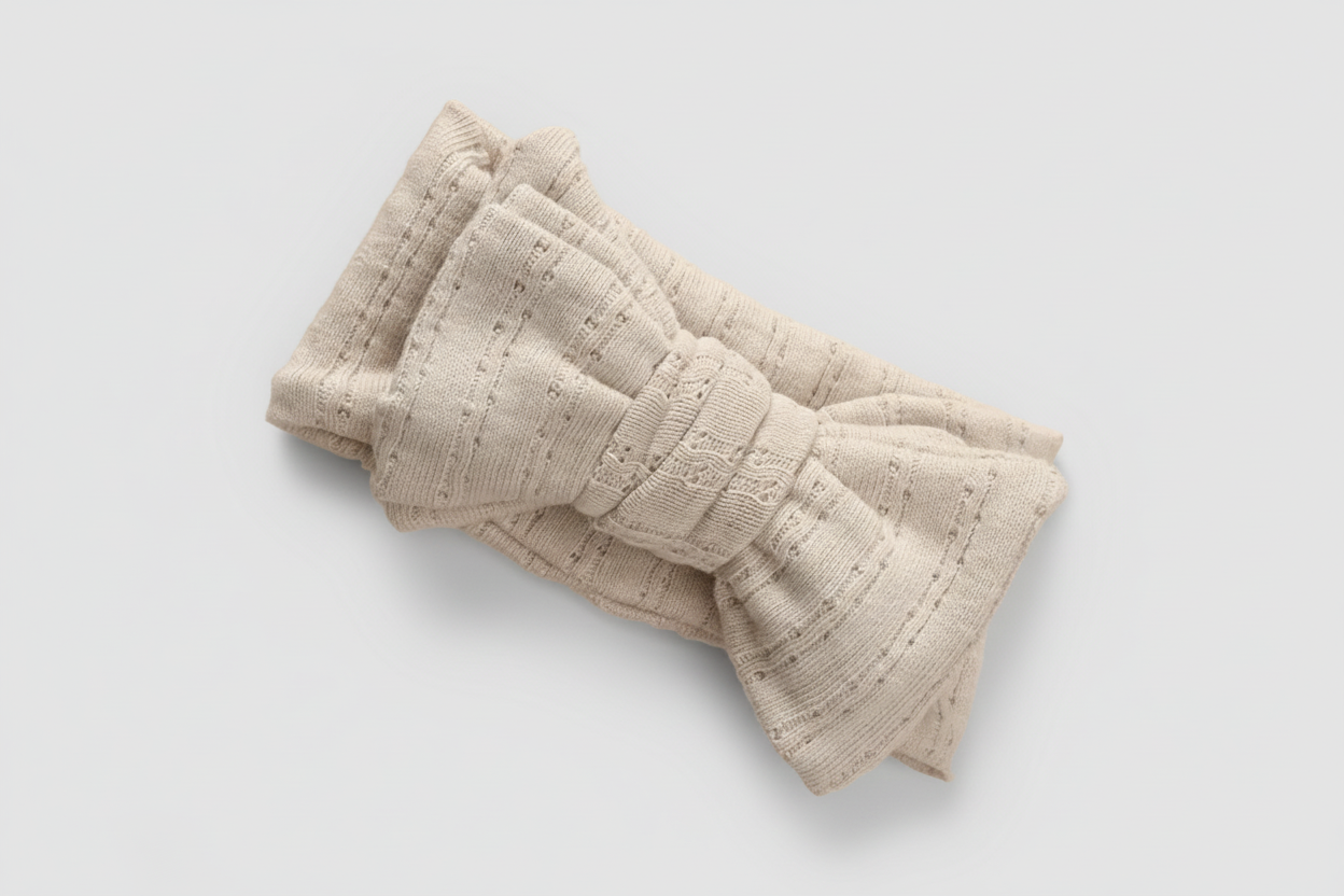 Organic beige linen baby bow headband with textured stitch detail from Casita Bebes.