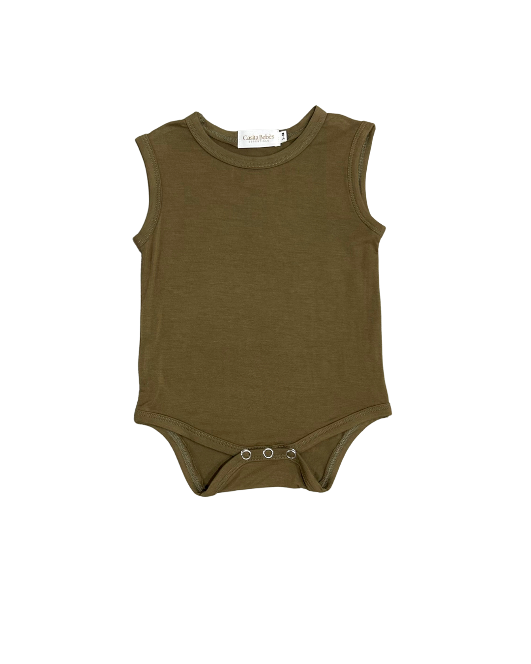 Organic olive green sleeveless baby bodysuit with snap closure, certified organic bamboo fabric.