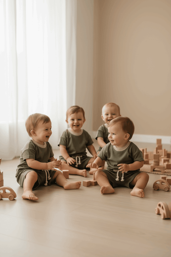 Babies in organic cotton outfits playing with wooden toys on a soft floor