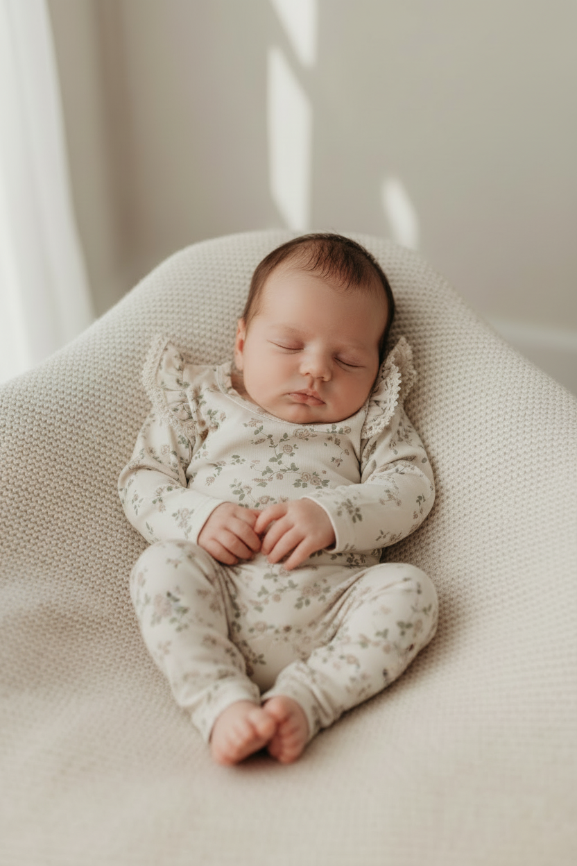Organic baby clothing floral pants on sleeping baby, certified organic, Casita Bebes.
