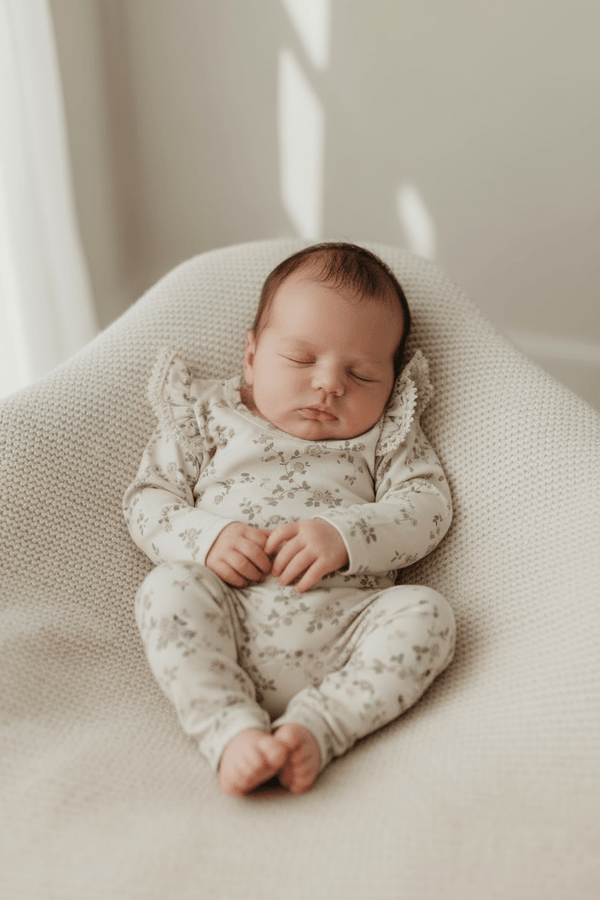 Newborn baby in floral organic onesie sleeping peacefully on textured blanket