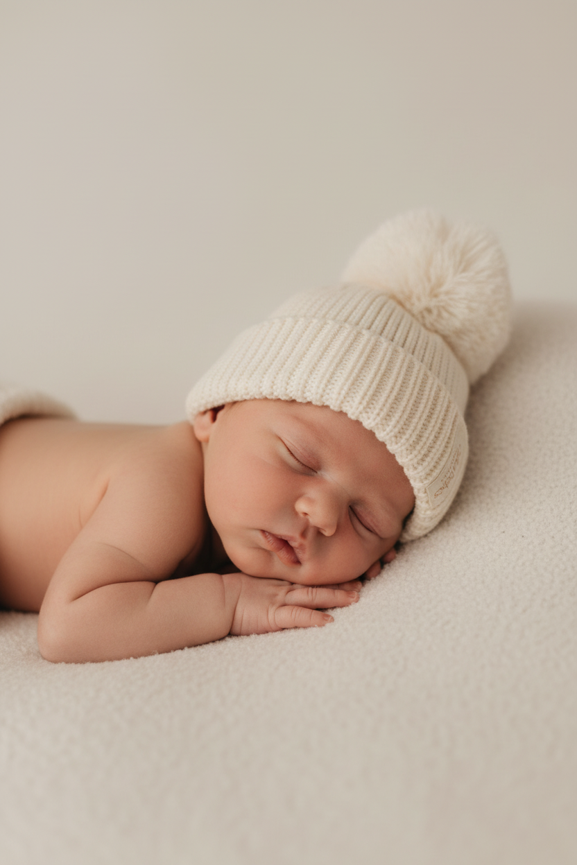 Sleeping newborn wearing organic cotton knitted beanie with pom-pom from Casita Bebes.