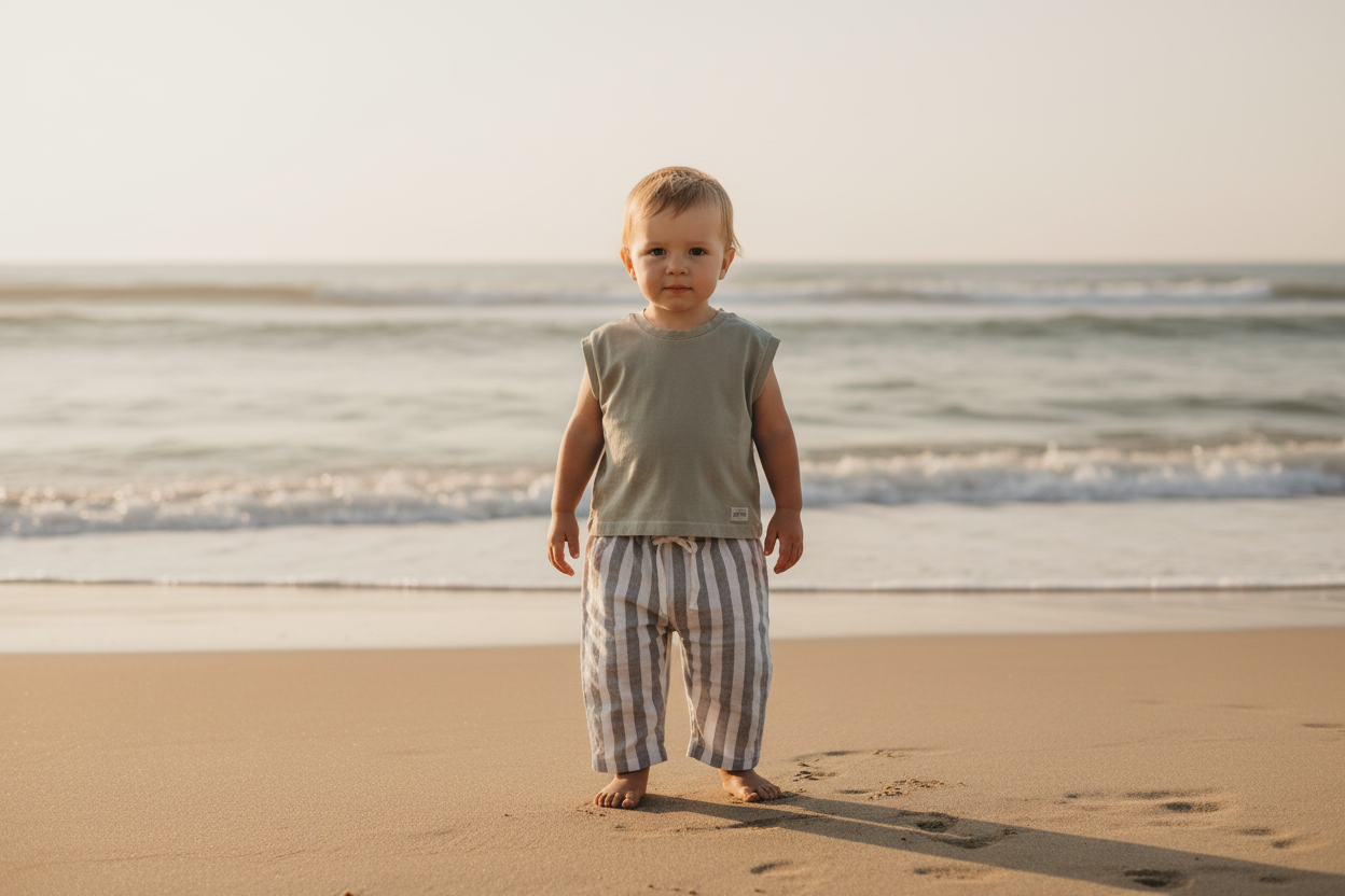 Toddler boy wearing dusty grey Papitō Milano organic cotton pants on beach, certified organic baby clothing.