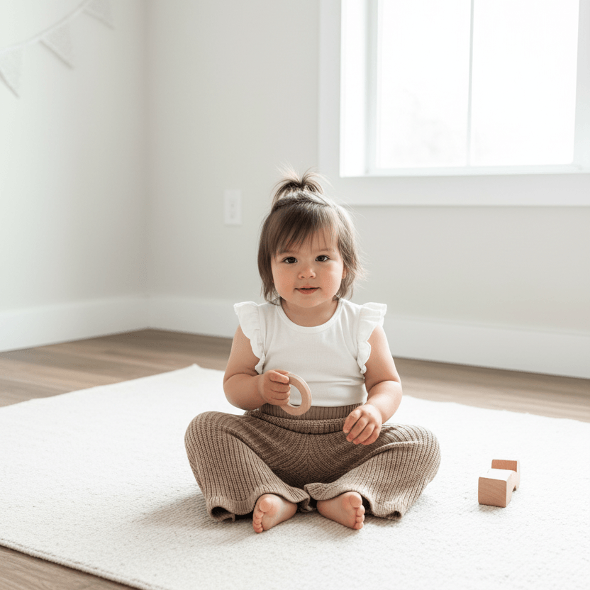 Baby in organic cotton ruffle top and ribbed pants playing with wooden toys on rug