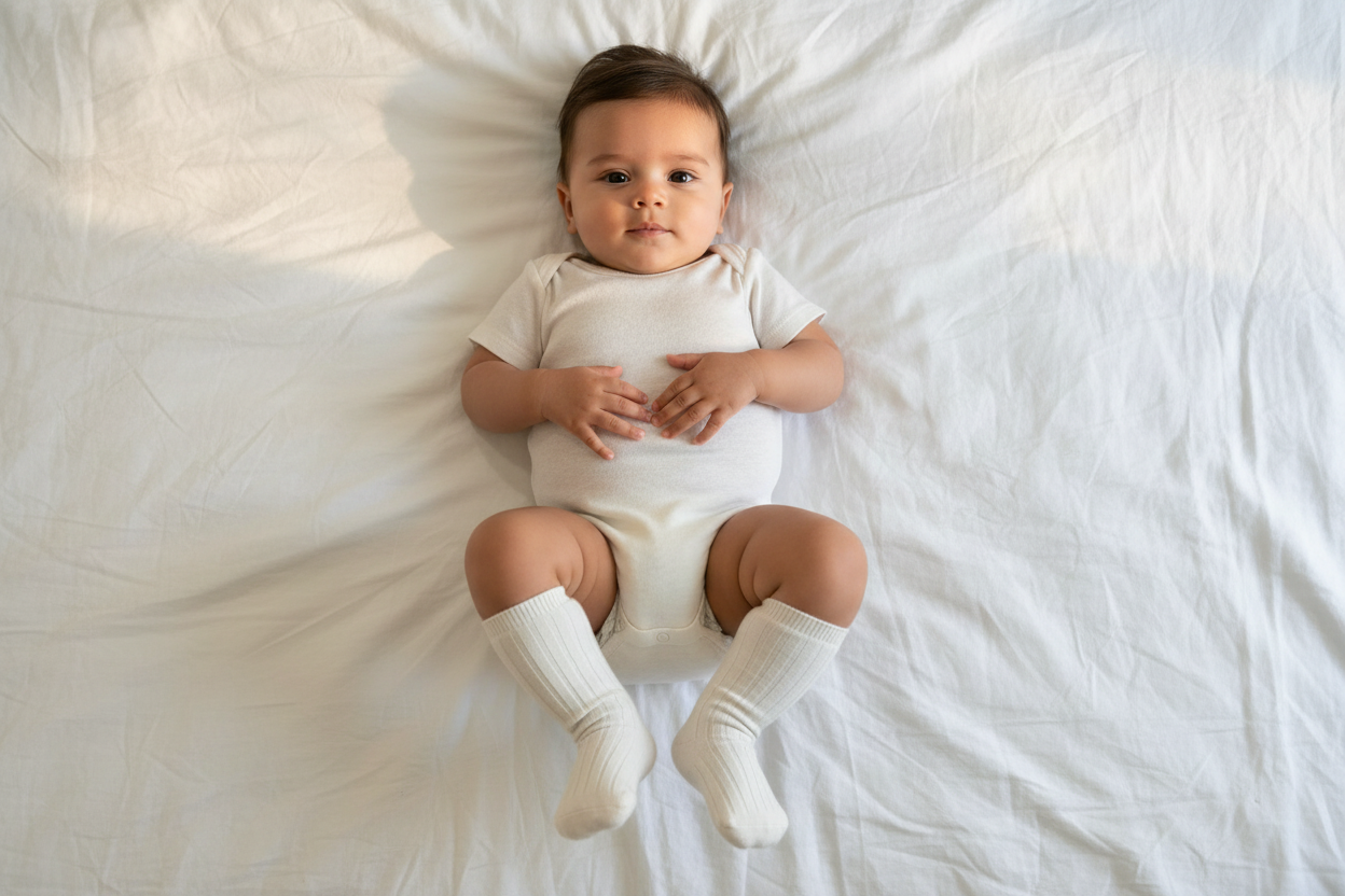 Baby wearing certified organic white ribbed cotton socks from Casita Bebes, cozy and soft baby clothing.