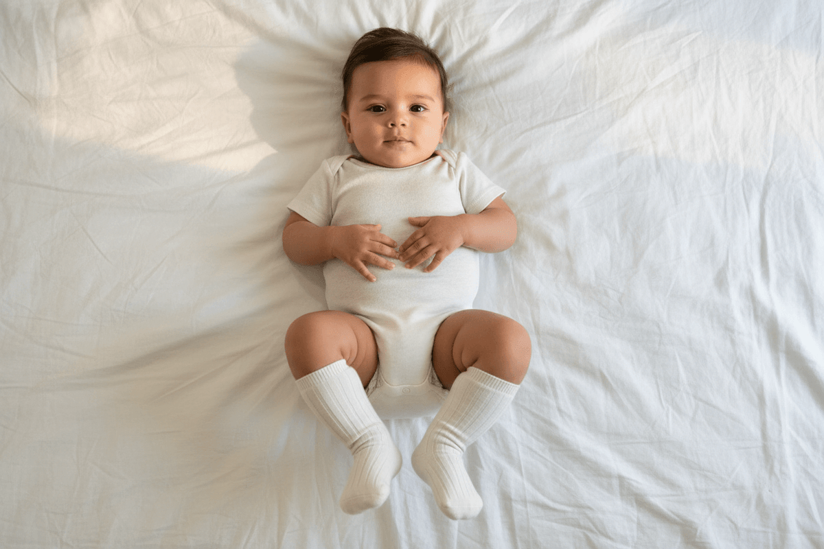 Baby in organic cotton onesie and knee-high socks on white blanket