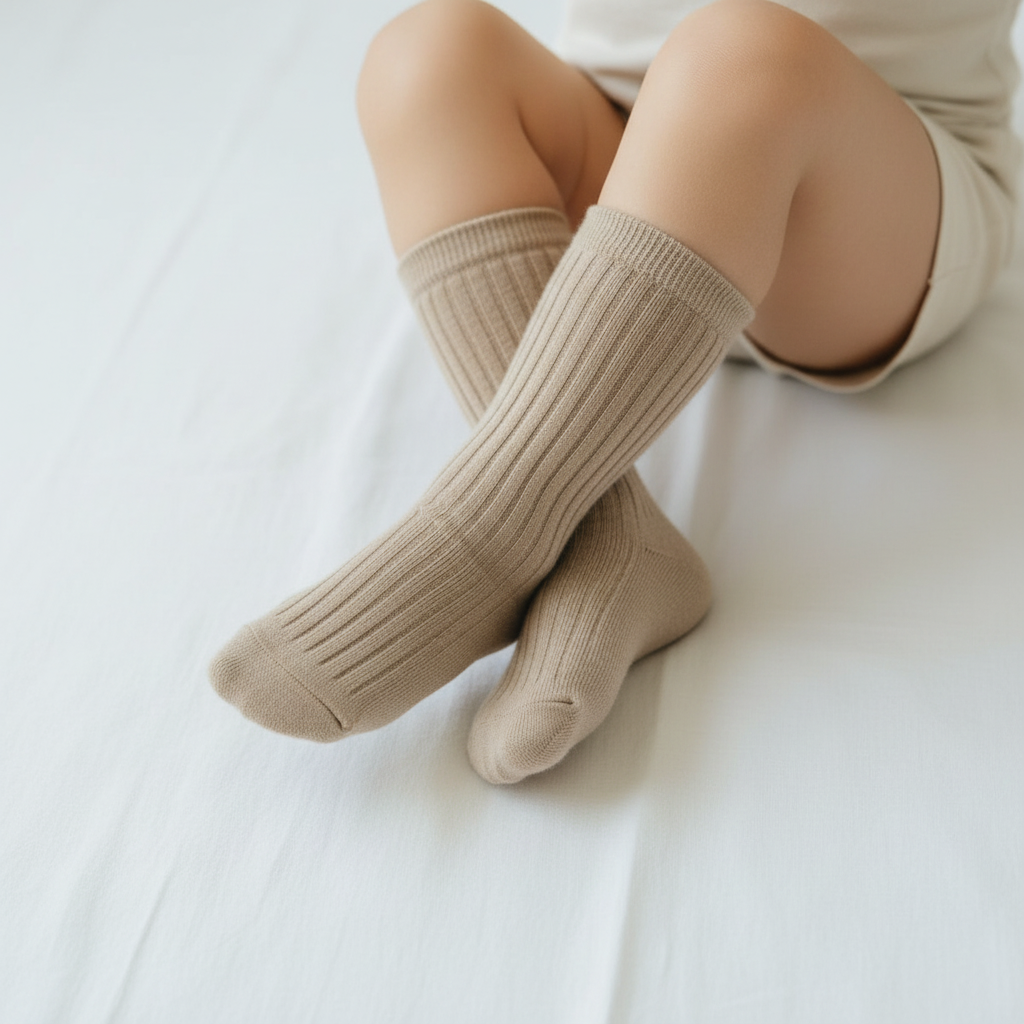 Dusty brown organic cotton ribbed baby socks on baby's legs, certified organic baby clothing by Casita Bebes.