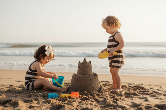 Two children playing with sand toys on a beach in Mamīta Swim Essentīals Bottoms