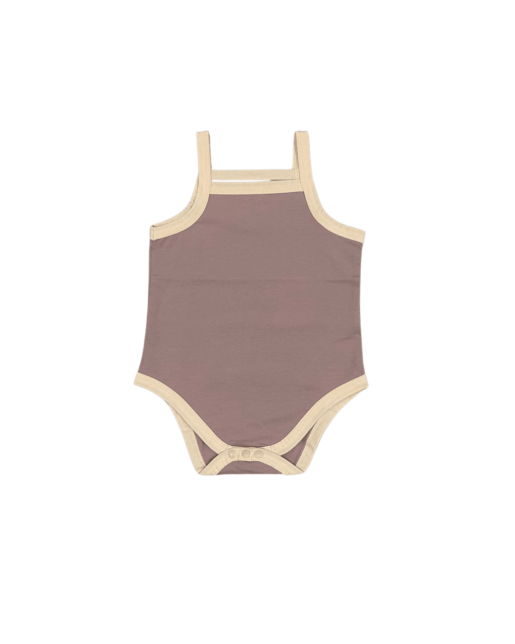 Organic baby bodysuit in muted mauve with cream trim, soft everyday essential for newborns