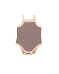 Organic baby bodysuit in muted mauve with cream trim, soft everyday essential for newborns