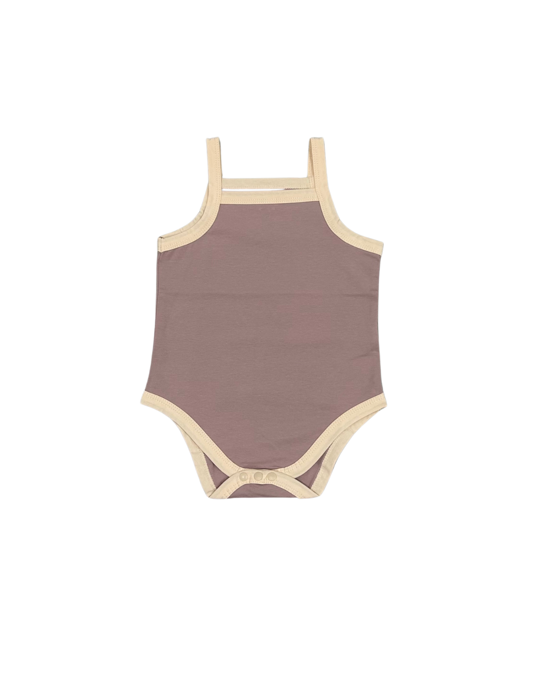 Dusty purple  baby bodysuit with beige trim, sleeveless, Mamīta Casita Bebes certified organic clothing.