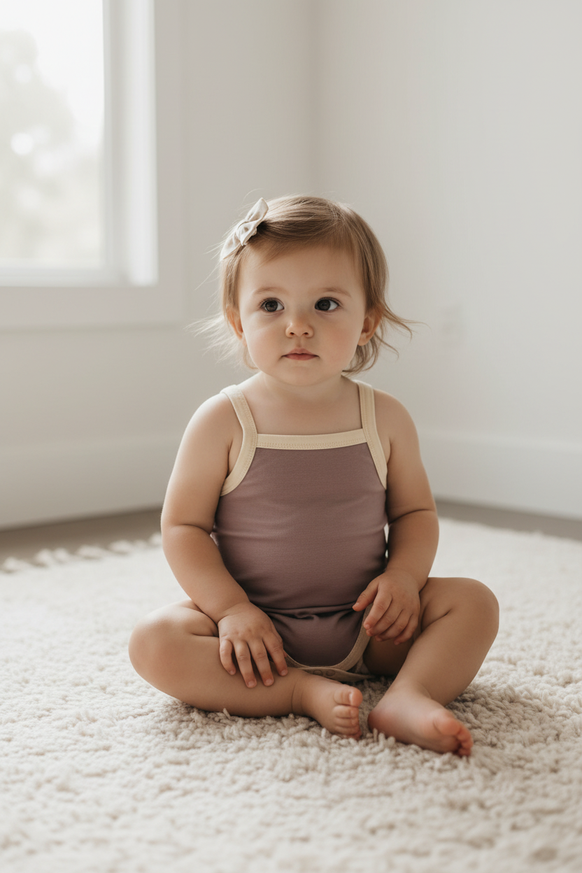 Young toddler sitting on a carpeted floor wearing a purple romper with beige straps brand Casita bebes