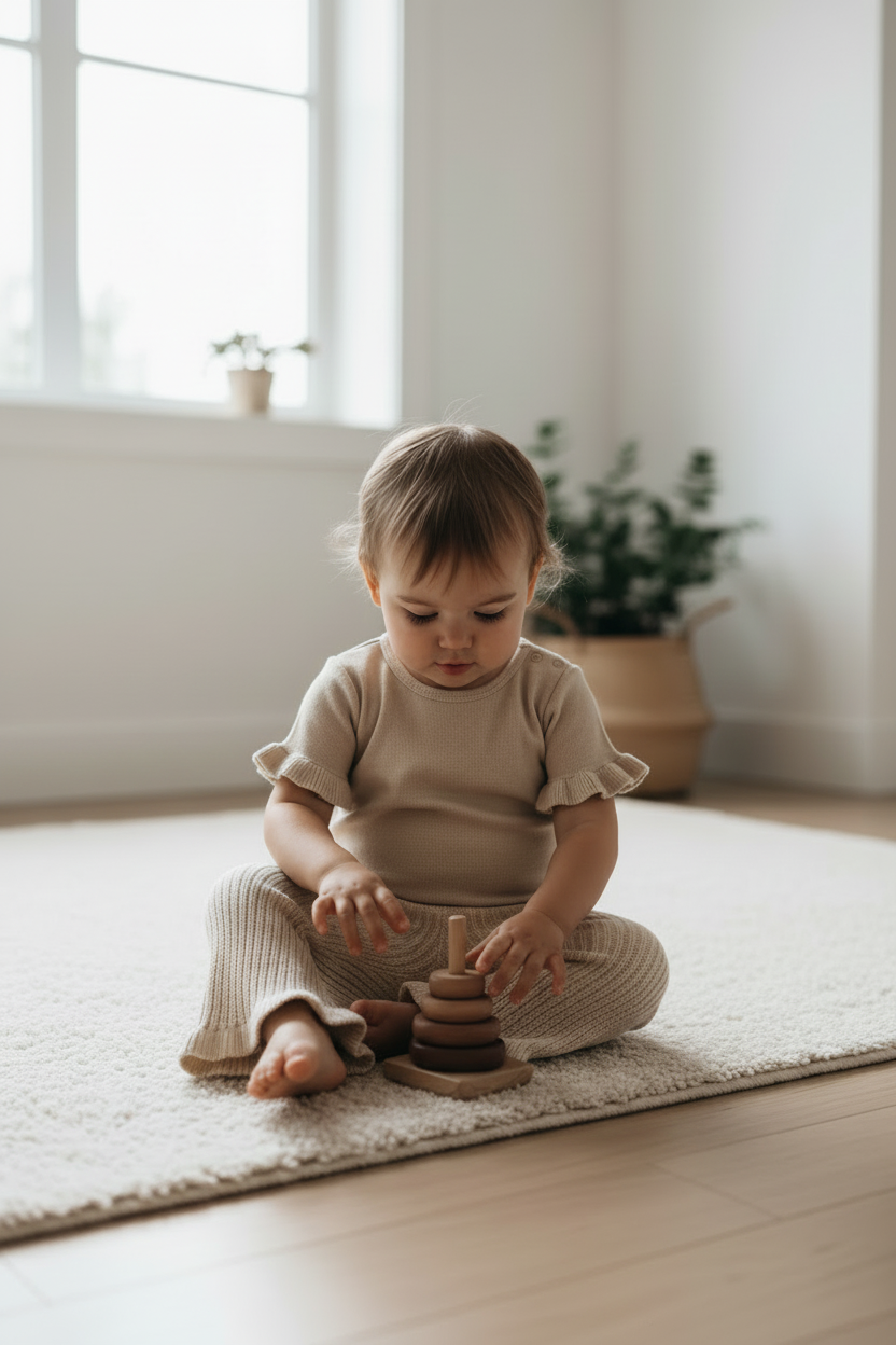 Organic beige knitted chunky flared baby pants on toddler from Casita Bebes collection.