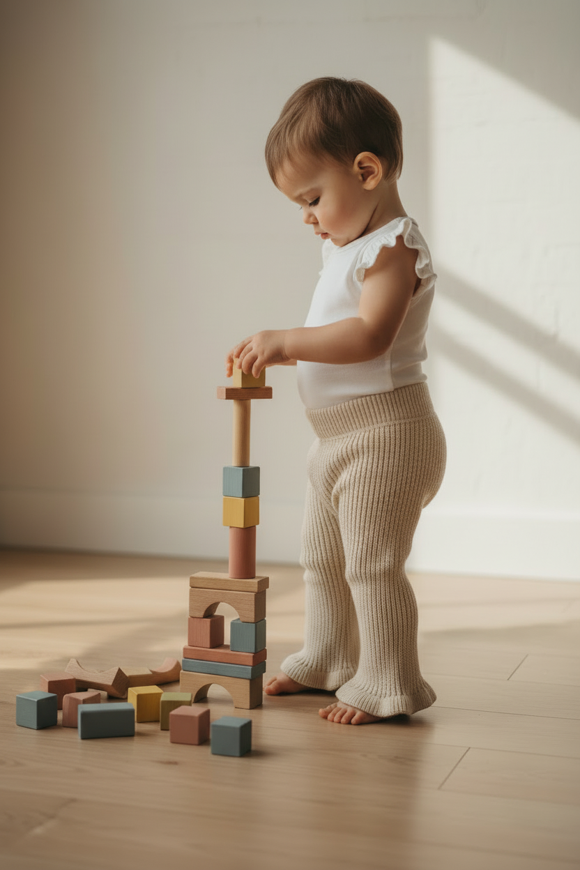 Baby wearing beige organic knitted chunky flared pants from Mamita Collection.
