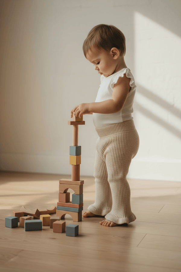 Baby playing with colorful wooden blocks, wearing organic knit pants and a white top