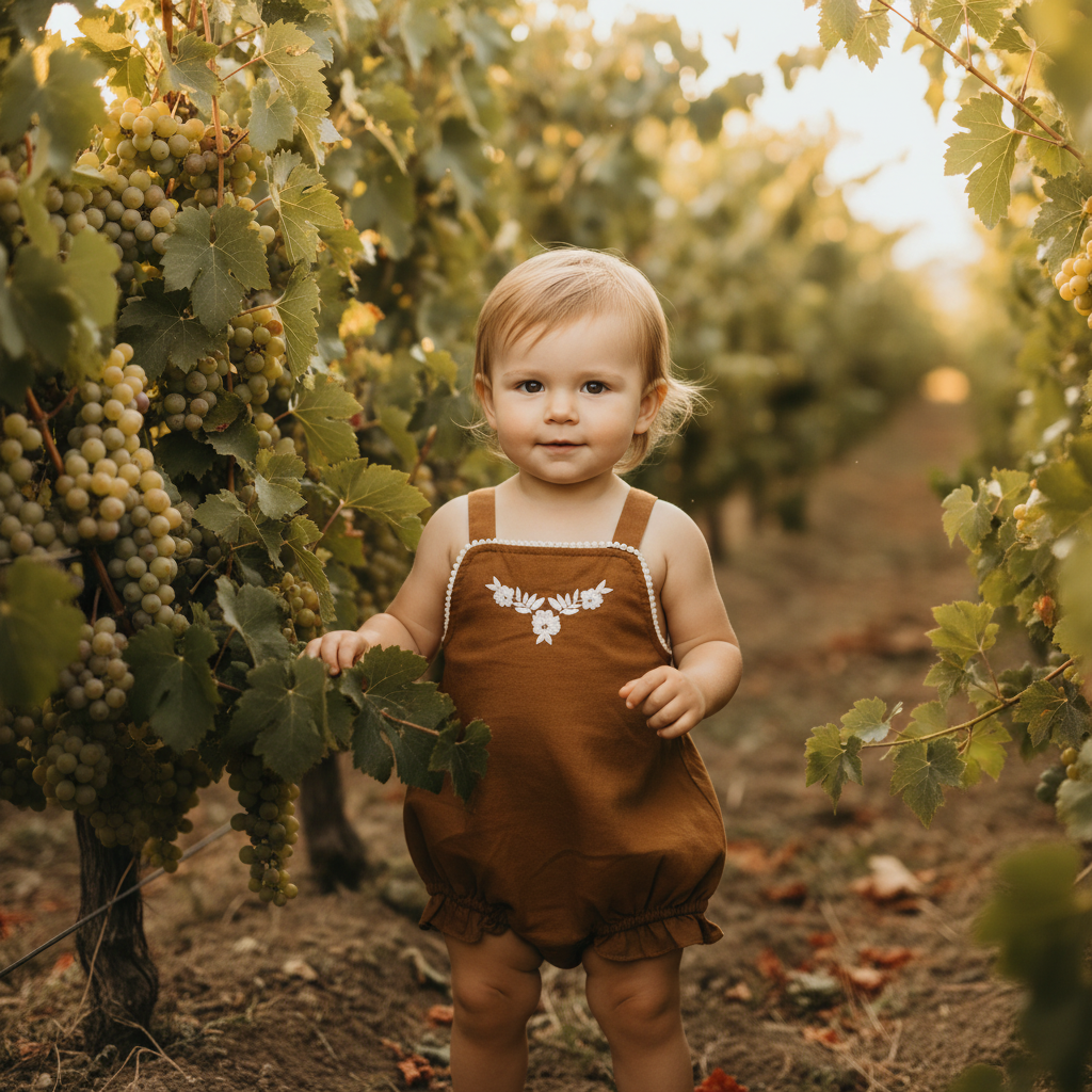 Baby girl in Mamīta Siena Pinfore standing among grapevines in a vineyard wearing brand Casita Bebes