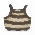 Organic baby tank top with brown and cream wavy stripes, knit texture, and scalloped hem for newborns