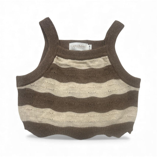 Organic baby swim top in beige and brown wavy stripes, certified organic knit by Casita Bebes.