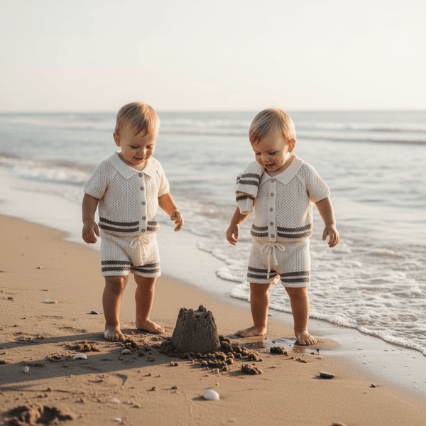 Two toddlers in organic knit beach outfits playing with sandcastle by ocean waves