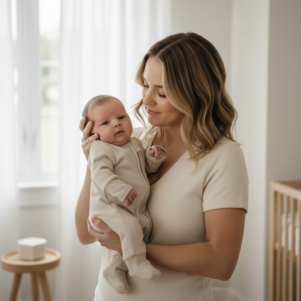 Woman holding a baby in a softly lit room wearing Essentīals Cloudy Romper