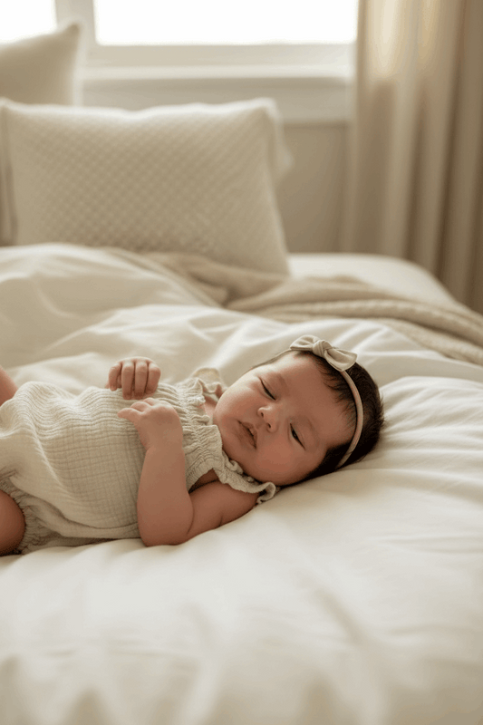 Newborn baby lying on a white bed wearing a light-colored outfit and Essentīals Baby Linen Mini Bow