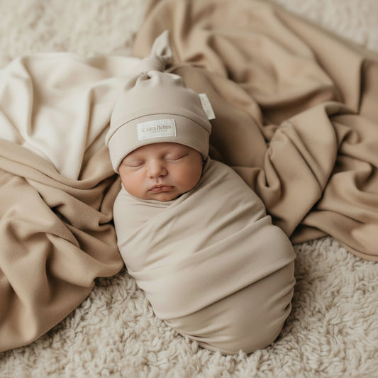 Newborn beanie with a knot on top and 'Casita Bebes' label on a white background