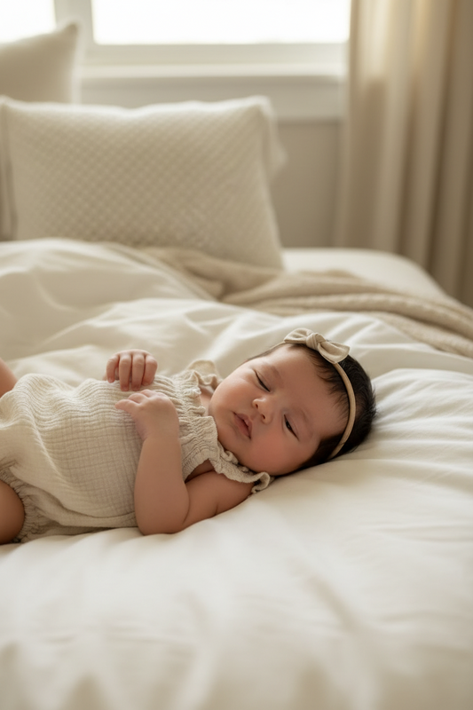 Newborn baby lying on a white bed wearing a light-colored outfit and Essentīals Baby Linen Mini Bow