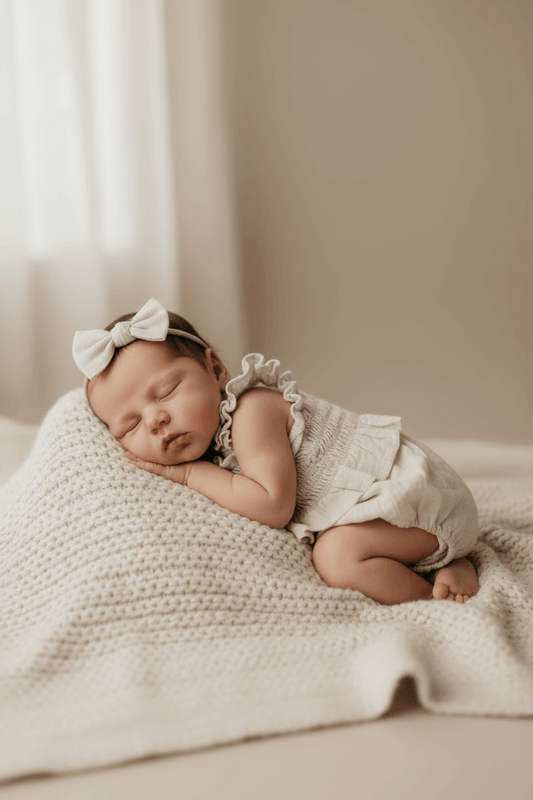 Newborn baby sleeping on a soft blanket with a bow headband