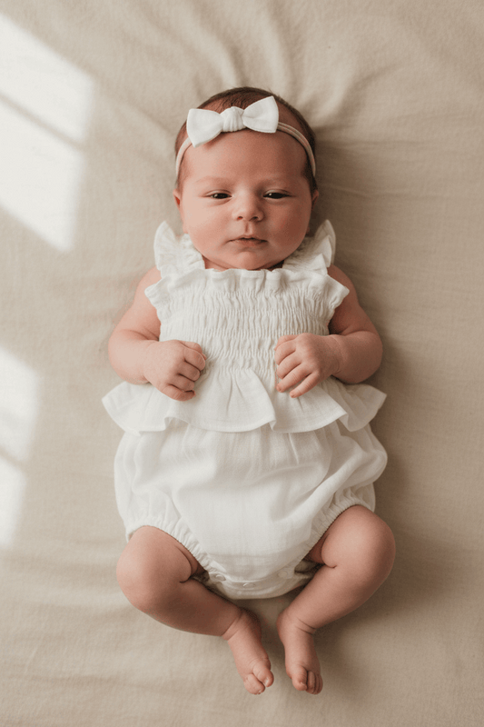 Newborn baby wearing a white ruffled outfit and headband on a beige surface