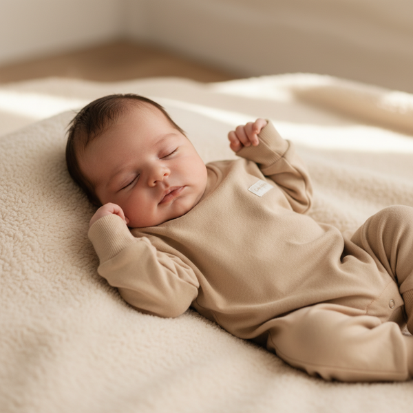 Newborn baby in a beige onesie lying on a soft surface