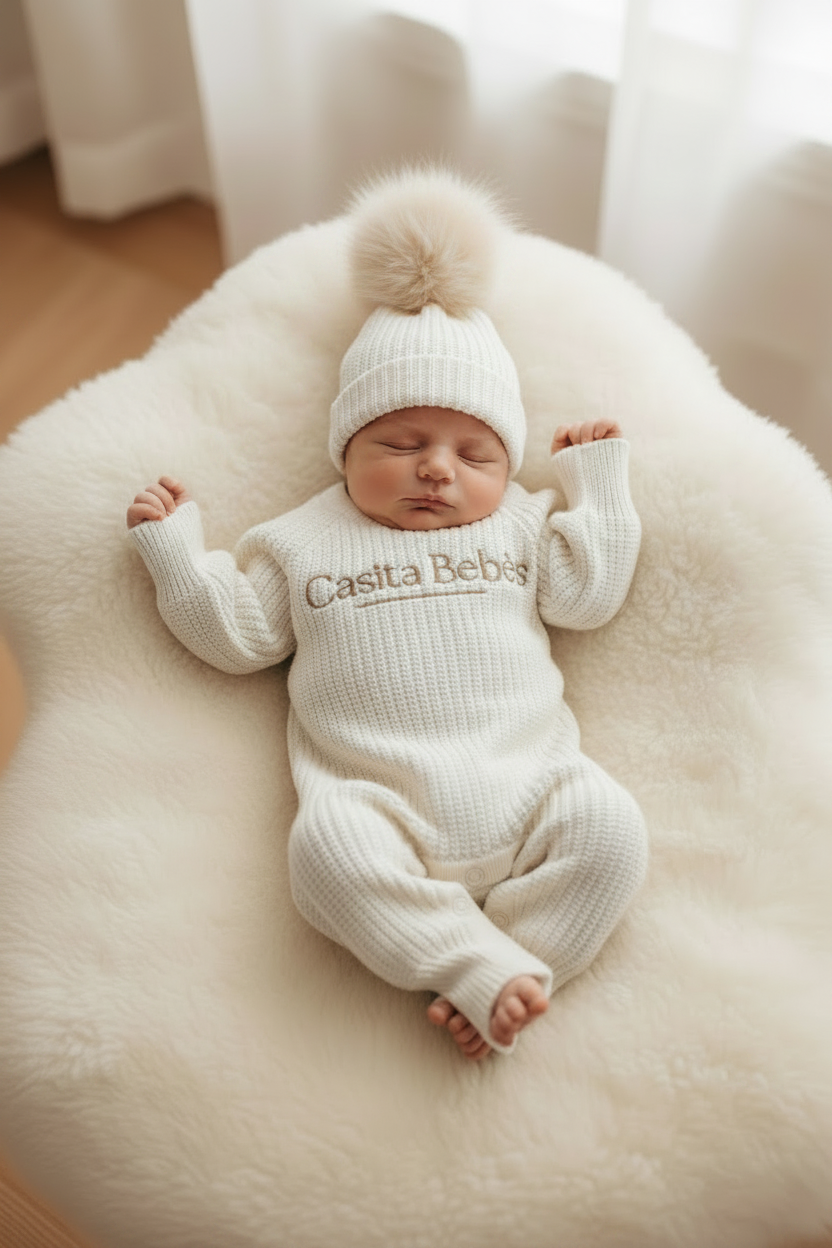 A sleeping newborn baby wearing a cream ribbed knit footed onesie with 'Casita Bebies' embroidered across the chest, lying on a fluffy cream sheepskin rug.