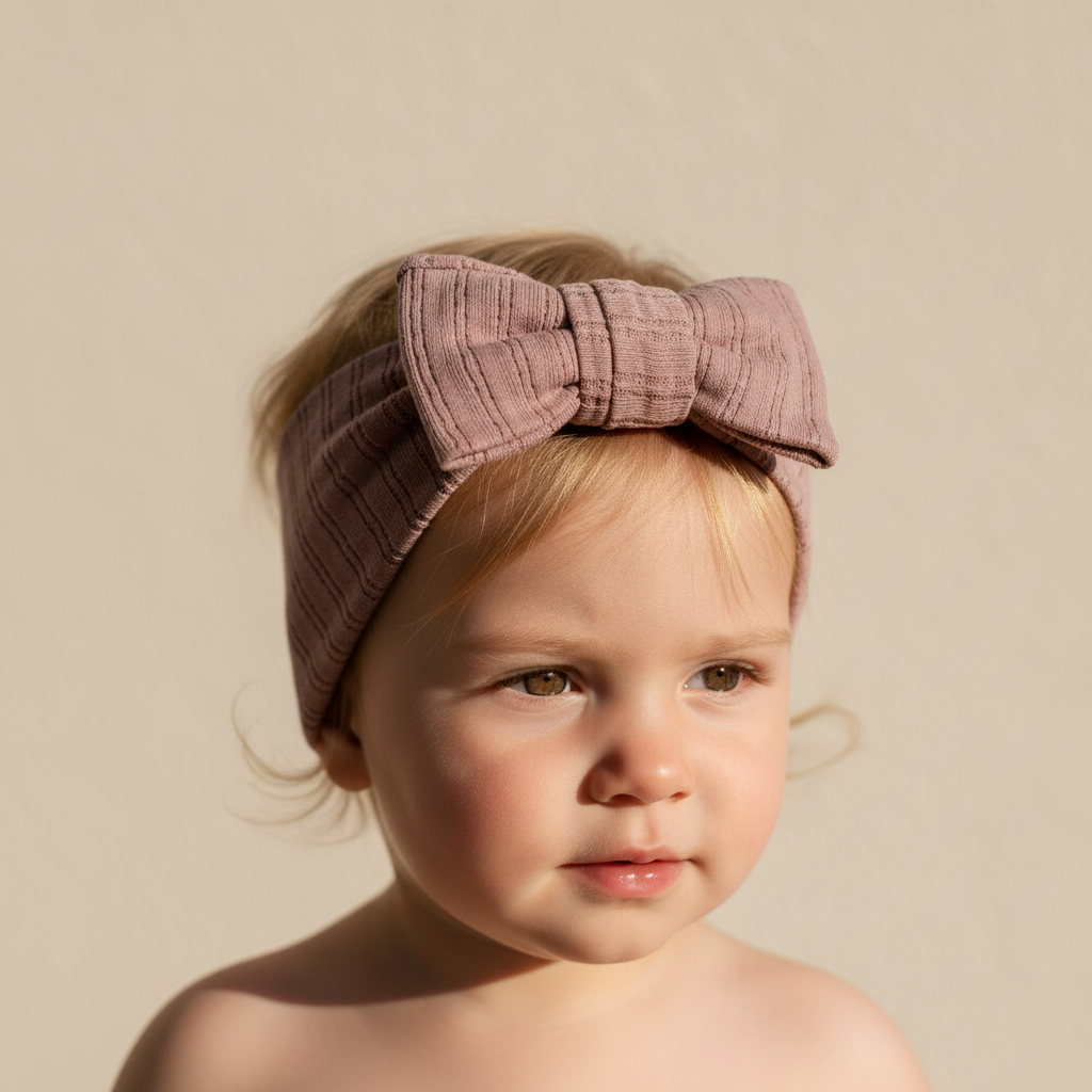 Child wearing a dusty pink headband with a large bow on a beige background Brand Casita Bebes
