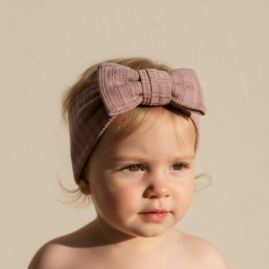 Child wearing a dusty pink headband with a large bow on a beige background Brand Casita Bebes