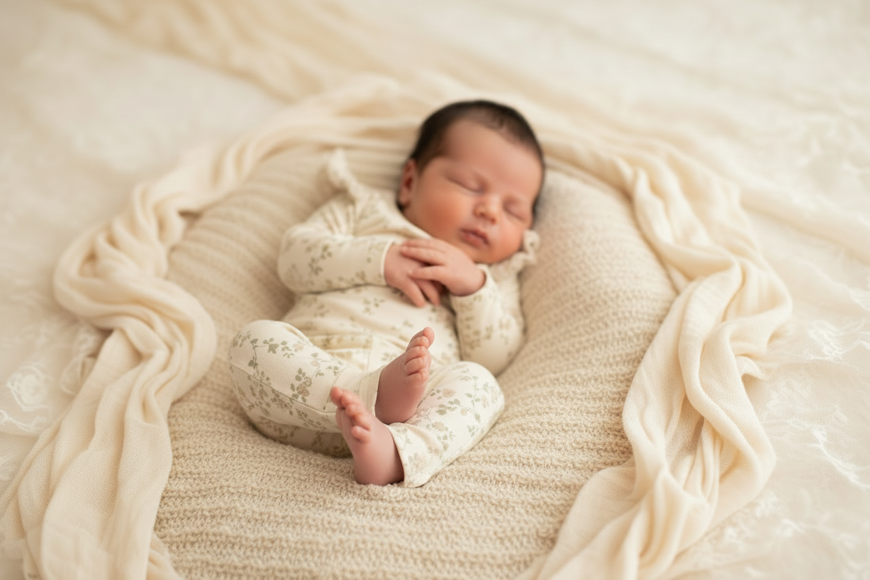 Newborn baby wrapped in a white blanket on a soft surface