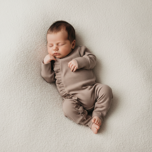 Organic dusty purple baby romper with frill details, soft cotton fabric, worn by sleeping newborn baby.