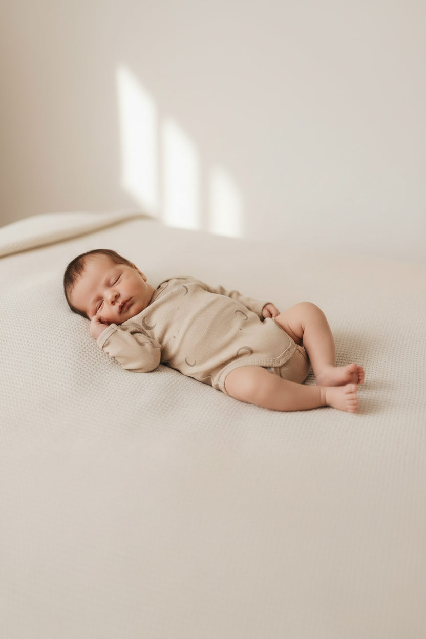 Newborn baby in a beige outfit lying on a white blanket with soft lighting.