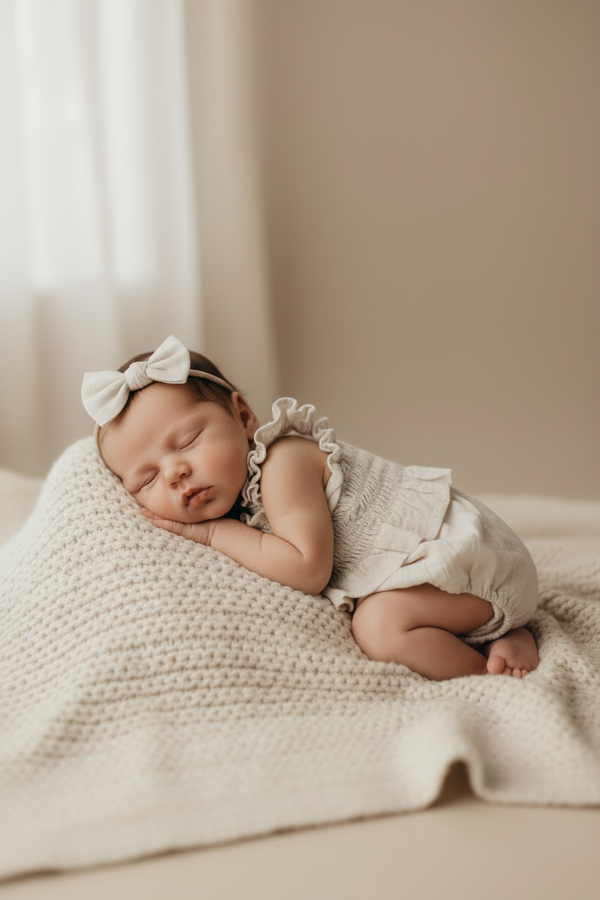 Newborn baby sleeping on a soft blanket with a bow headband
