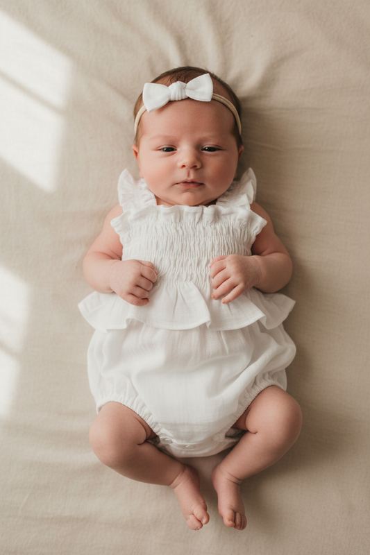 Newborn baby wearing a white ruffled outfit and headband on a beige surface