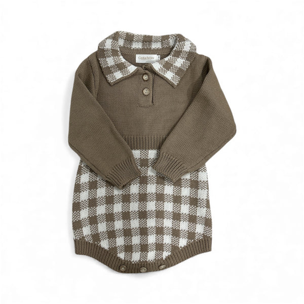Brown and white checkered baby outfit with a collar on a white background