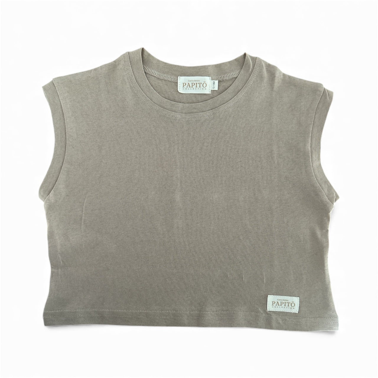 Brown sleeveless top with brand label on a white background Casita Bebes